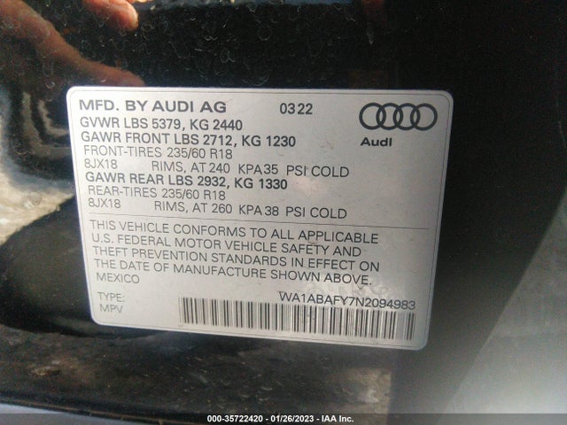 2022 Audi Q5, VIN: WA1ABAFY7N2094983