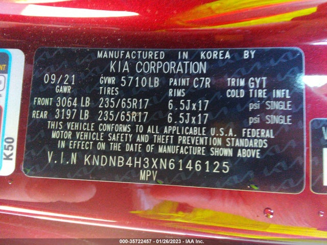 2022 Kia Carnival, VIN: KNDNB4H3XN6146125