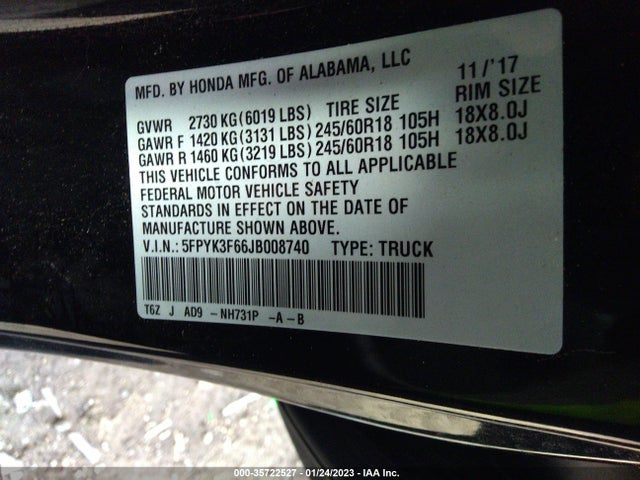 2018 Honda Ridgeline, VIN: 5FPYK3F66JB008740