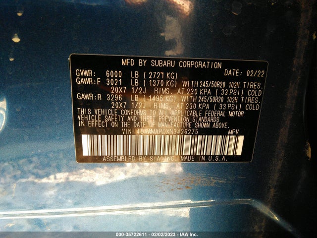 2022 Subaru Ascent, VIN: 4S4WMAPDXN3426275