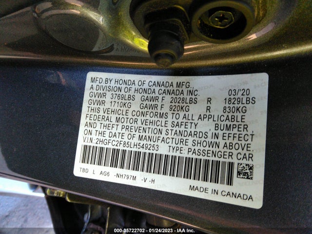2020 HONDA CIVIC SEDAN SPORT VIN: 2HGFC2F85LH549253