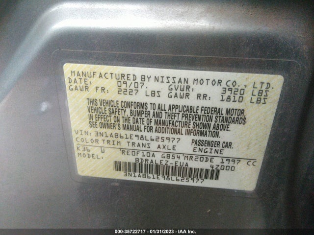 2008 NISSAN SENTRA 2.0 S VIN: 3N1AB61E98L625977