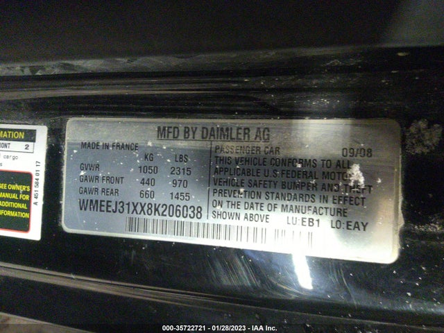 2008 SMART FORTWO PURE/PASSION VIN: WMEEJ31XX8K206038