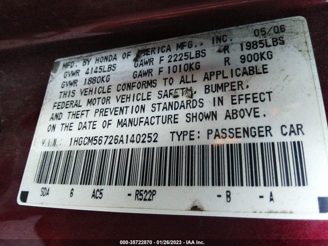 2006 HONDA ACCORD SDN EX/EX-L WITH NAVI VIN: 1HGCM56726A140252