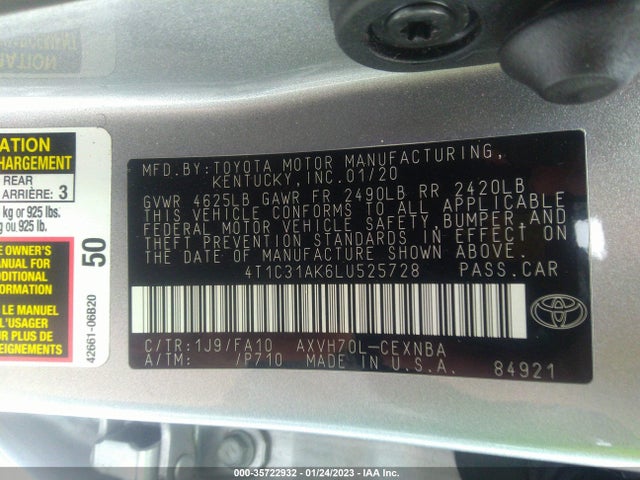 2020 Toyota Camry, VIN: 4T1C31AK6LU525728