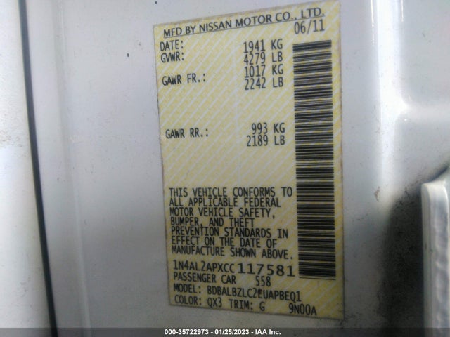 2012 NISSAN ALTIMA 2.5 SL VIN: 1N4AL2APXCC117581