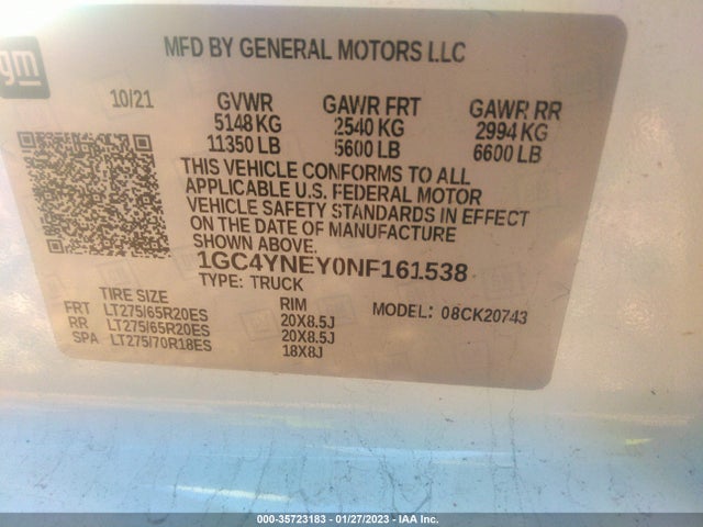 2022 Chevrolet Silverado 2500, VIN: 1GC4YNEY0NF161538