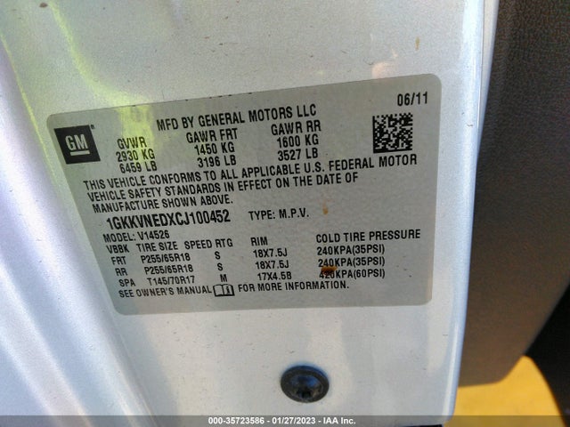 GMC ACADIA SL 2012 1GKKVNEDXCJ100452 Image 11