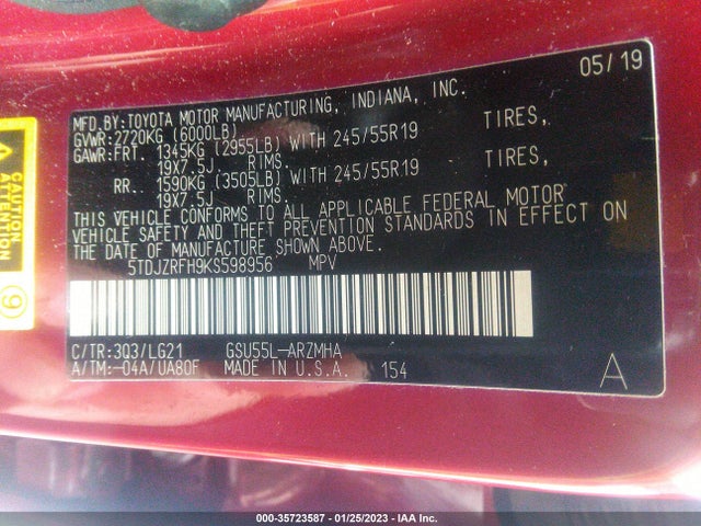 Toyota Highlander 2019 5TDJZRFH9KS598956 Image 23