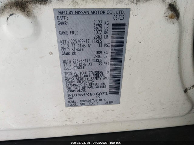 2015 NISSAN ROGUE SV VIN: 5N1AT2MV6FC876071