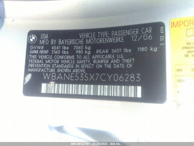 2007 BMW 5 SERIES 525I VIN: WBANE535X7CY06283