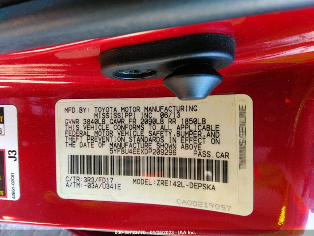 2013 TOYOTA COROLLA L/LE/S VIN: 5YFBU4EEXDP209296
