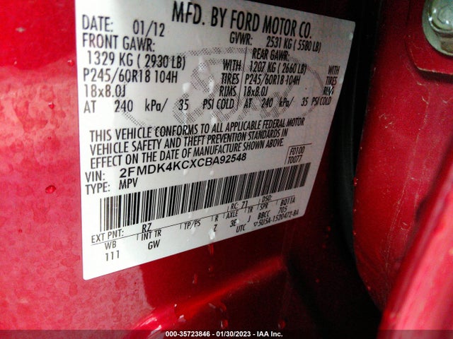 2012 FORD EDGE LIMITED VIN: 2FMDK4KCXCBA92548