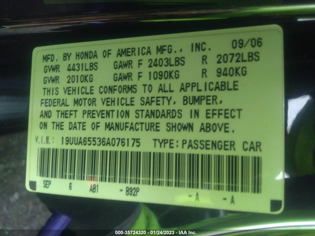 Acura TL 2006 19UUA65536A076175 Image 9
