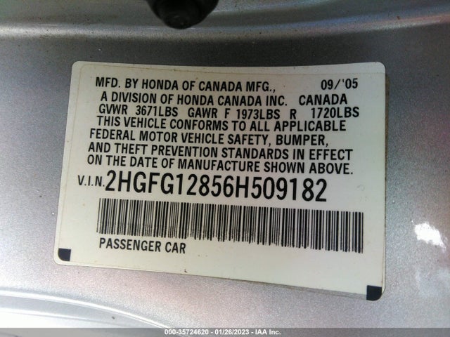 2006 HONDA CIVIC CPE EX VIN: 2HGFG12856H509182