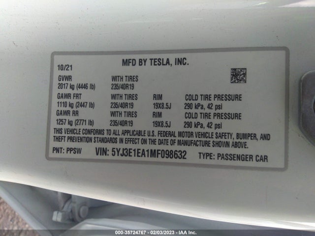 Tesla Model 3 Standard Range Plus 2021 5YJ3E1EA1MF098632 Image 10