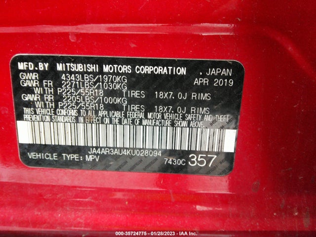 JA4AR3AU4KU028094 Mitsubishi Outlander Sport 2.0