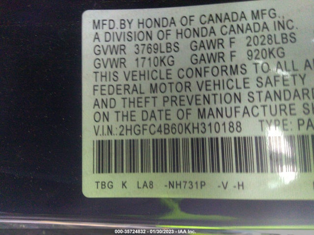 Honda Civic Coupe Lx 2019 2HGFC4B60KH310188 Image 10