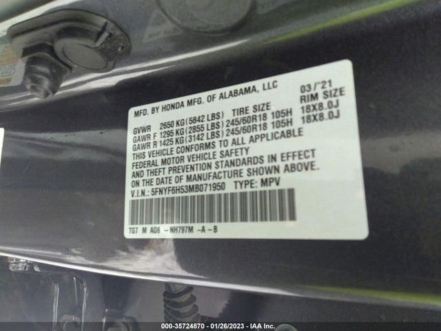 2021 HONDA PILOT EX-L VIN: 5FNYF6H53MB071950