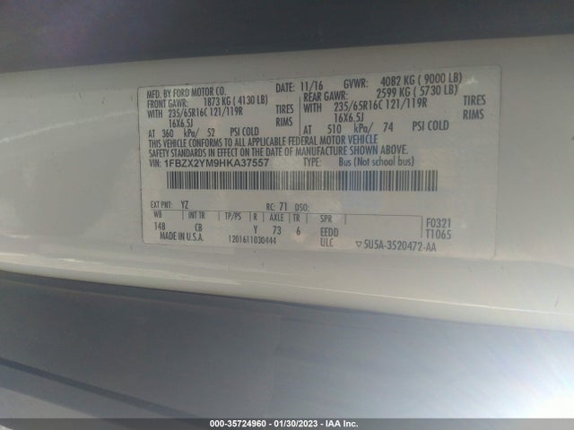 2017 Ford Transit, VIN: 1FBZX2YM9HKA37557