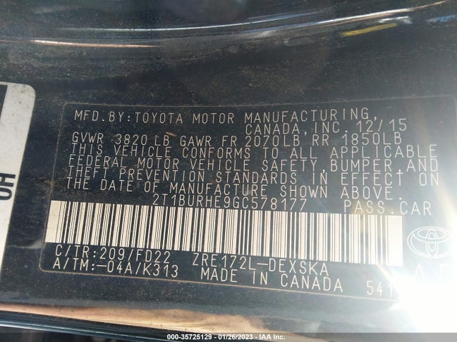 2016 Toyota Corolla, VIN: 2T1BURHE9GC578177