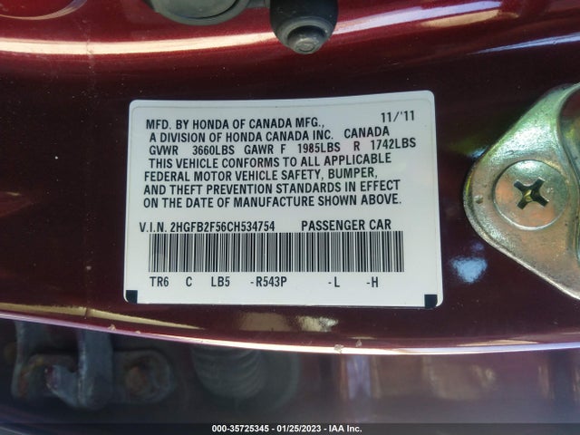 2012 HONDA CIVIC SDN LX VIN: 2HGFB2F56CH534754
