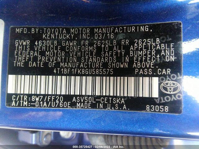 2016 Toyota Camry, VIN: 4T1BF1FK8GU585575