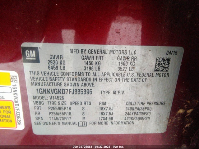Chevrolet Traverse Lt 2015 1GNKVGKD7FJ335396 Image 9