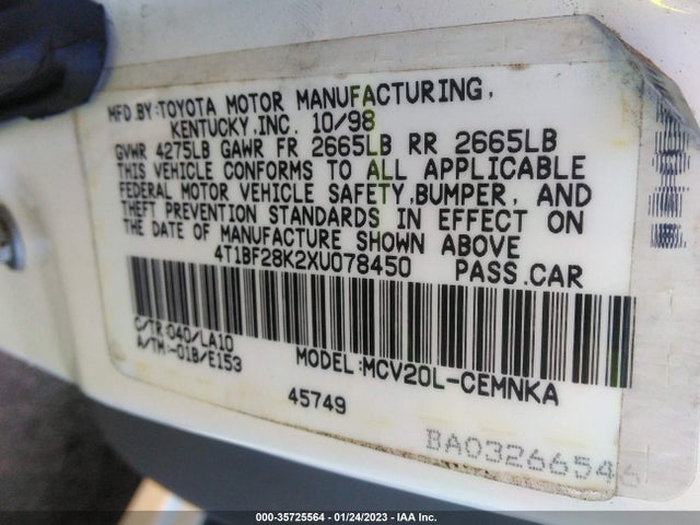 1999 TOYOTA CAMRY LE/XLE VIN: 4T1BF28K2XU078450