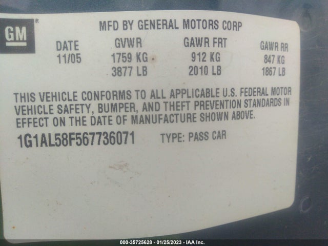 2006 CHEVROLET COBALT LT VIN: 1G1AL58F567736071