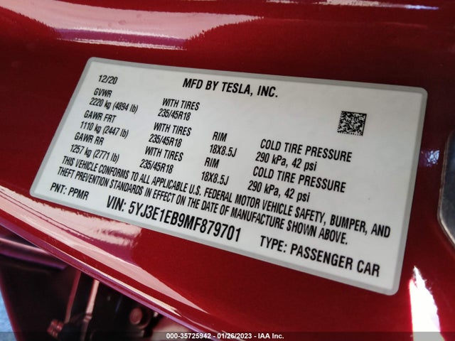 Tesla Model 3 Long Range 2021 5YJ3E1EB9MF879701 Image 10