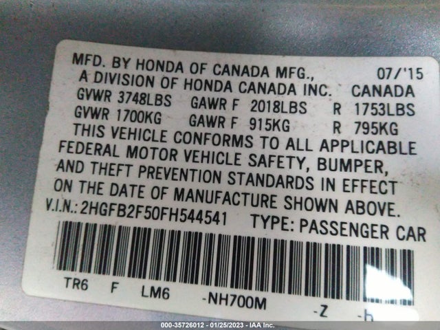 Honda Civic Sedan Lx 2015 2HGFB2F50FH544541 Image 9