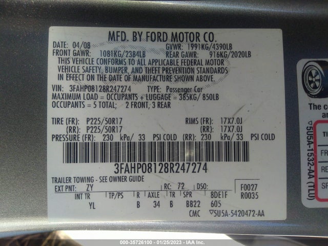 2008 FORD FUSION SEL VIN: 3FAHP08128R247274