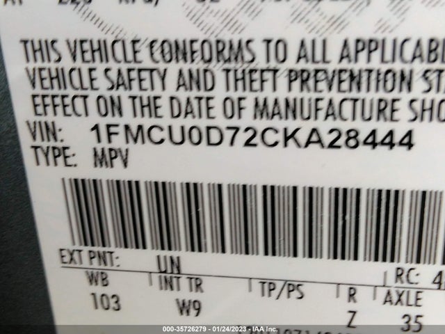 2012 FORD ESCAPE XLT VIN: 1FMCU0D72CKA28444