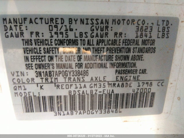 2016 NISSAN SENTRA S VIN: 3N1AB7AP0GY338486