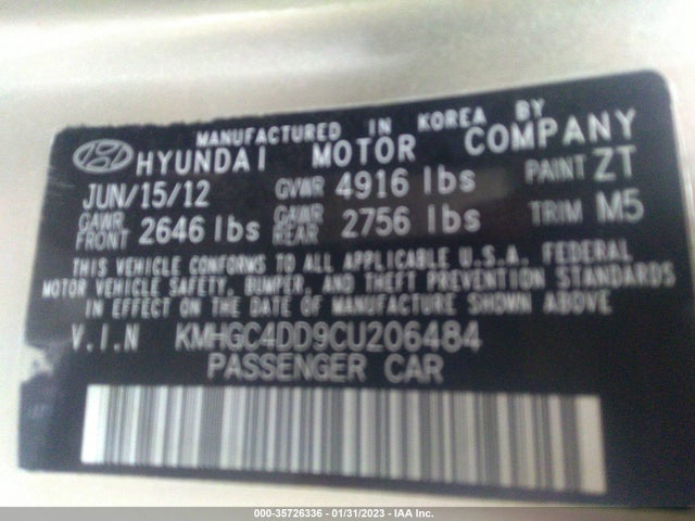 2012 HYUNDAI GENESIS 3.8L VIN: KMHGC4DD9CU206484