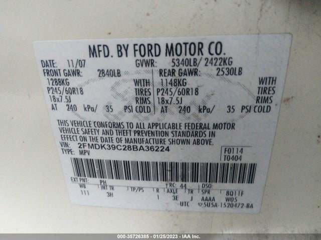 2008 FORD EDGE LIMITED VIN: 2FMDK39C28BA36224