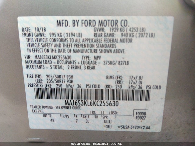 2019 Ford Ecosport, VIN: MAJ6S3KL6KC255630