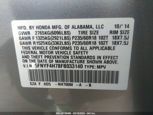Honda Pilot Ex-l 2015 5FNYF4H78FB033140 Image 9