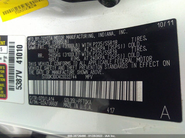 2012 TOYOTA SIENNA XLE/LTD VIN: 5TDDK3DC4CS032744