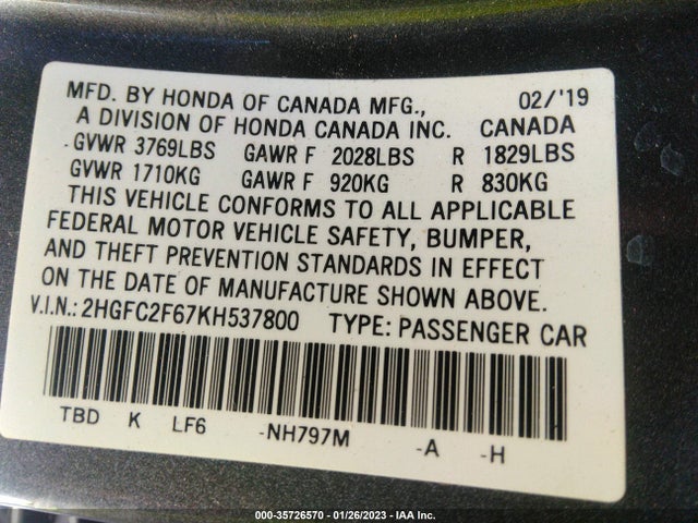 Honda Civic Sedan Lx 2019 2HGFC2F67KH537800 Image 9