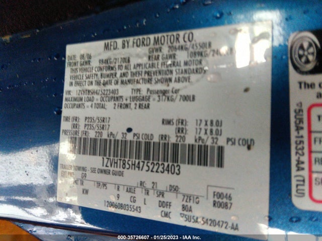 2007 FORD MUSTANG GT VIN: 1ZVHT85H475223403