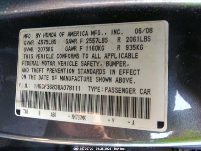 2008 HONDA ACCORD 3.5 EX-L VIN: 1HGCP36838A078111