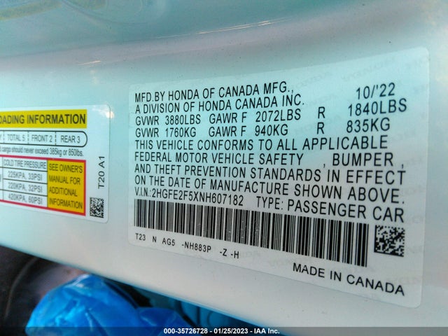 2022 Honda Civic, VIN: 2HGFE2F5XNH607182