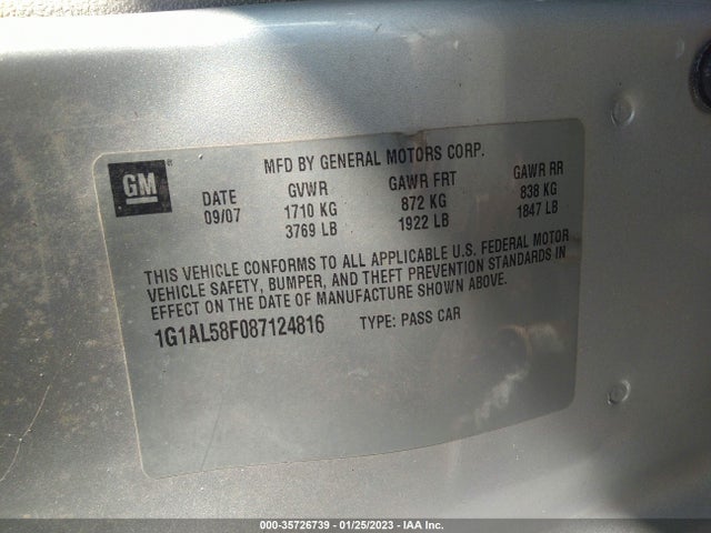 2008 CHEVROLET COBALT LT VIN: 1G1AL58F087124816