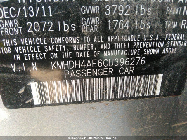 2012 HYUNDAI ELANTRA GLS PZEV VIN: KMHDH4AE6CU396276
