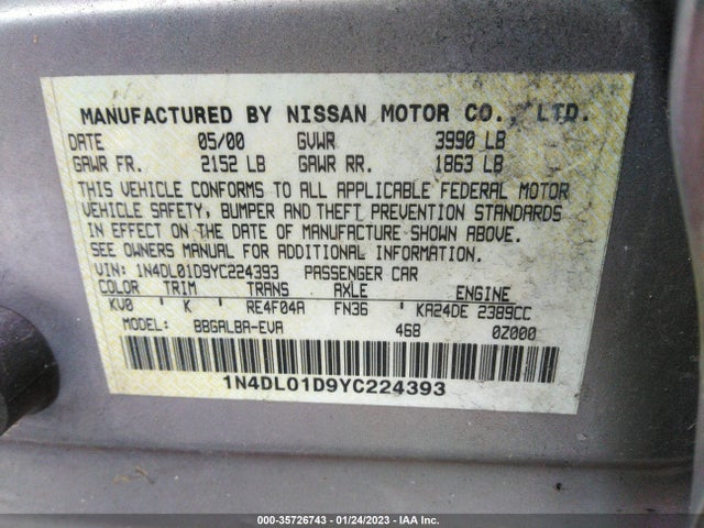 2000 NISSAN ALTIMA XE/GXE/SE/GLE VIN: 1N4DL01D9YC224393