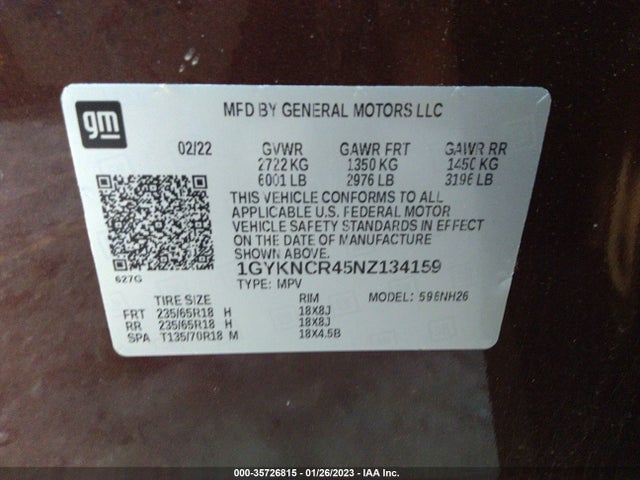 2022 Cadillac XT5, VIN: 1GYKNCR45NZ134159