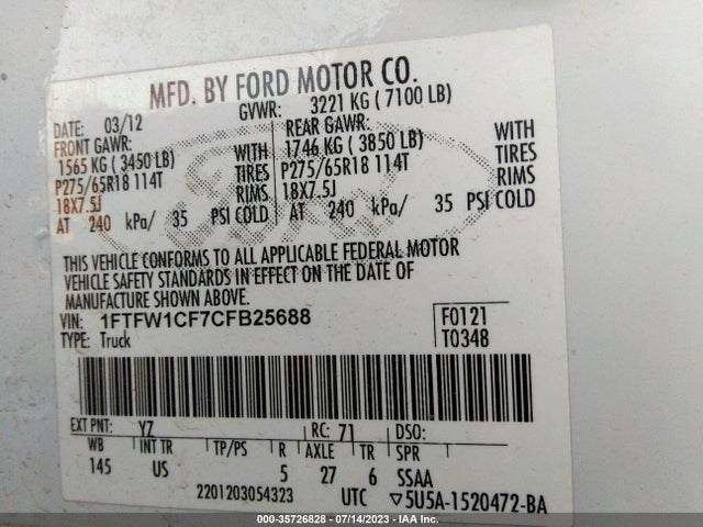 2012 FORD F-150 XL/XLT/FX2/LARIAT VIN: 1FTFW1CF7CFB25688
