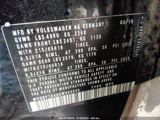 WVGBV7AX6GW603035 Volkswagen TIGUAN S
